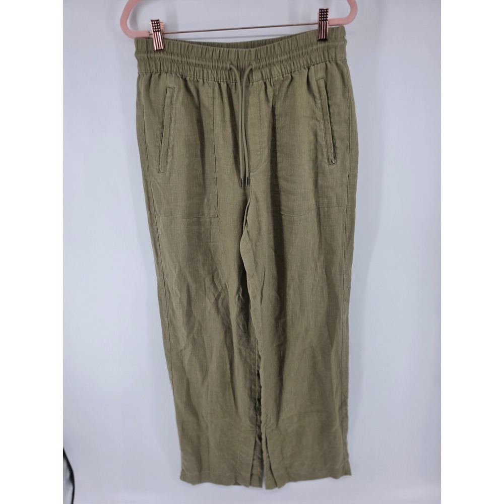 Athleta Women Olive Green 100% Linen Drawstring Elastic Waist Pants Size S Tall